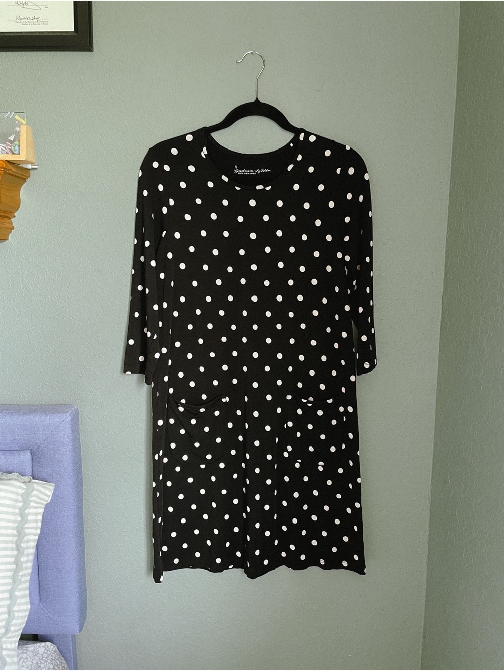 Gudrun Sjoden Polka Dot Tunic Dress Front Pockets 3/4 Sleeve Size Small Black